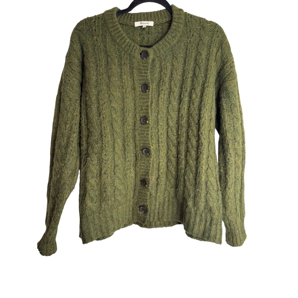 Madewell Green Cable Knit Button Front Cardigan Sweater Small